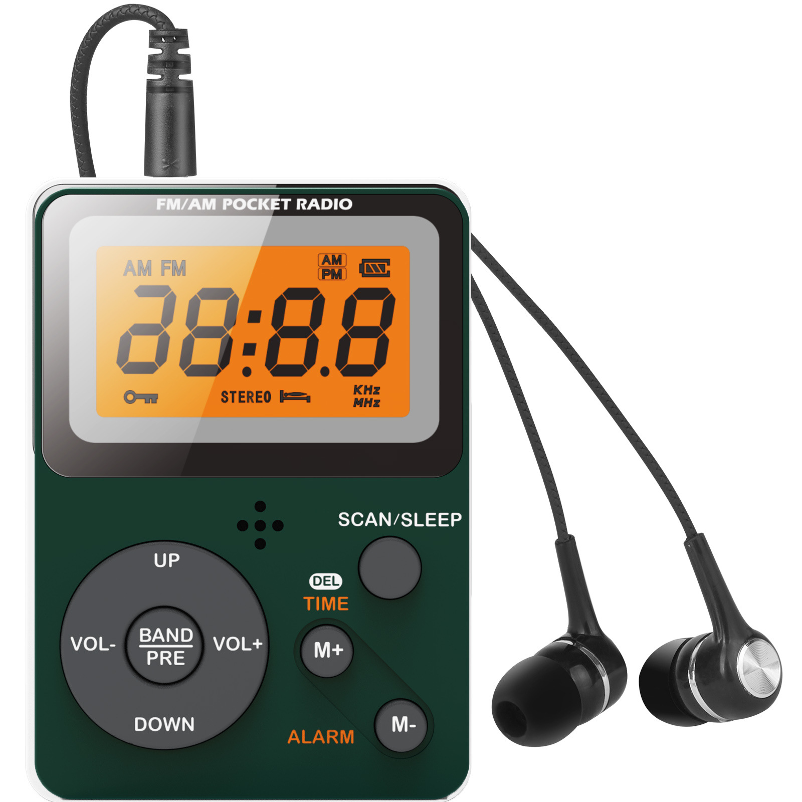Digital Radio, FM/AM, 2 Band Stereo Music Receiver, Portable Pocket Radio with Headphones, LCD Screen, 2xAAA Dry Battery Powered: green