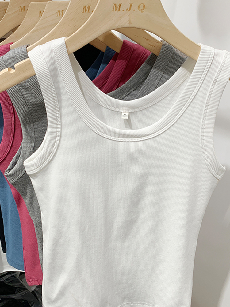 Sommer kvinder ærmeløse tanktoppe crop top o-hals fitness strikket ribbet vest dame ensfarvet camis cropped streetwear