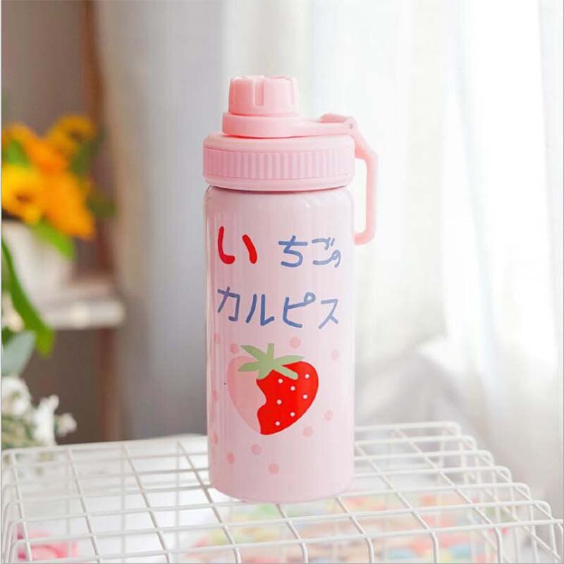 400ML Cute Pink Strawberry Water Bottle Travel Kawaii 304 Stainless Steel Thermos Bottle With Straw Birthday Girl Women