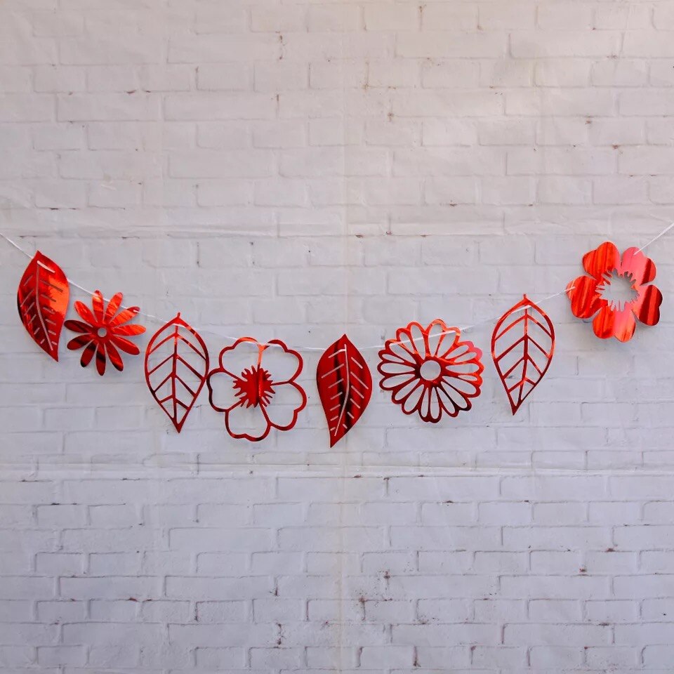1Set Leaves Paper Flag Banner&amp;Flags Garland Floral Bunting Banners DIY Kids Birthday/Wedding Event Party Decoration Supplies: Red