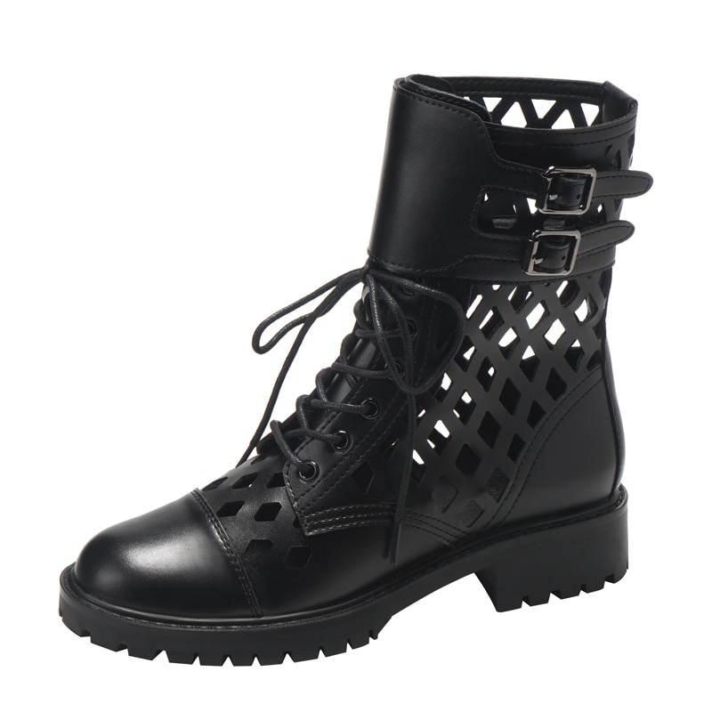 Svarte støvler punk motorsykkel støvler til kvinner hule knehødu støvler sommer snøre lange støvler damesko femmes bottes