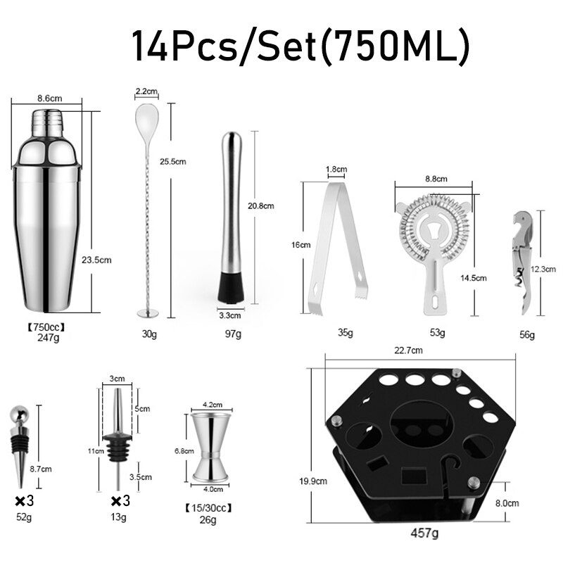 550ML/750ML Stainless Steel Mixer Wine Martini Cocktail Shaker Cocktail Shaker Bar Set Boston Shaker For Drink Party Bar Tools: 14Pcs 750ML