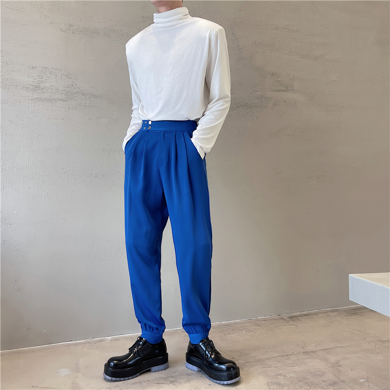 Pantalon sarouel Chic de Style coréen pour homme, couleur unie, noir et blanc, avec ceinture, longueur fuselée à la cheville, décontractée, printemps et été