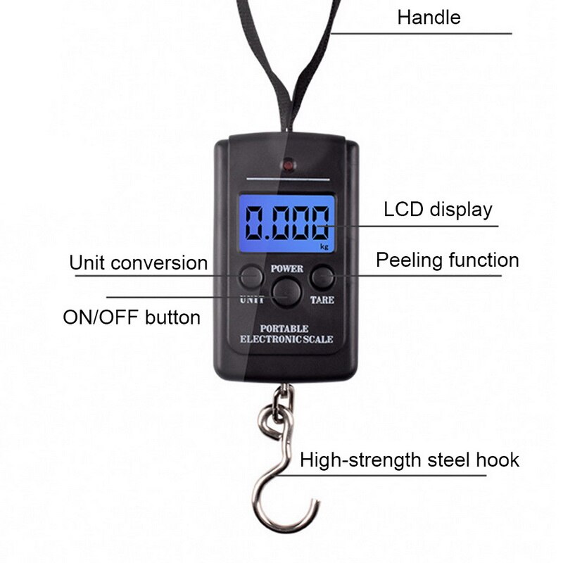 40kg x 10g Mini balances à bagages numériques pour la pêche voyage cuisine pondération Steelyard électronique crochet suspendu échelle poids outils