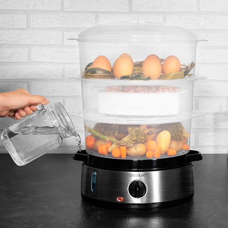 Cecotec Vaporera eléctrica Vapovita 3000 INOX con 800 W, 3 recipientes Independientes, Cuenco para Preparar arroz, Soportes para cocer Huevos, Temporizador 60 Minutos. 2 entradas Laterales de Agua