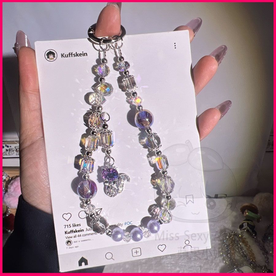 Handmade Beaded Phone Chain Full Diamond Fox Pendant Zircon Pearl Crystal Wrist Style Phone Chain Rope Hanging Rope Lanyard: PURPLE