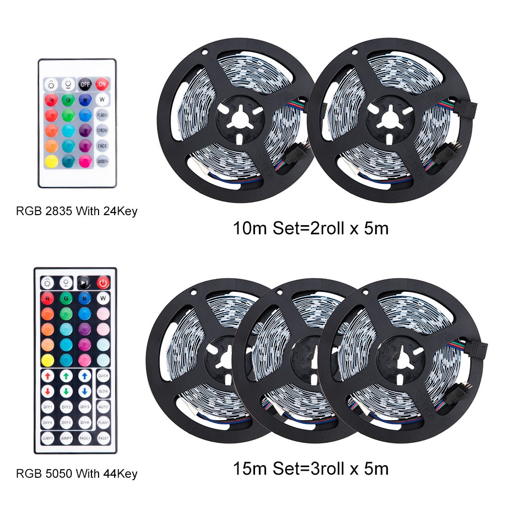 Led Strip Licht Rgb 5050 Smd 2835 Flexibele Lint Fita Led Light Strip Rgb 5M 10M 15M tape Diode Dc 12V + Afstandsbediening + Adapter