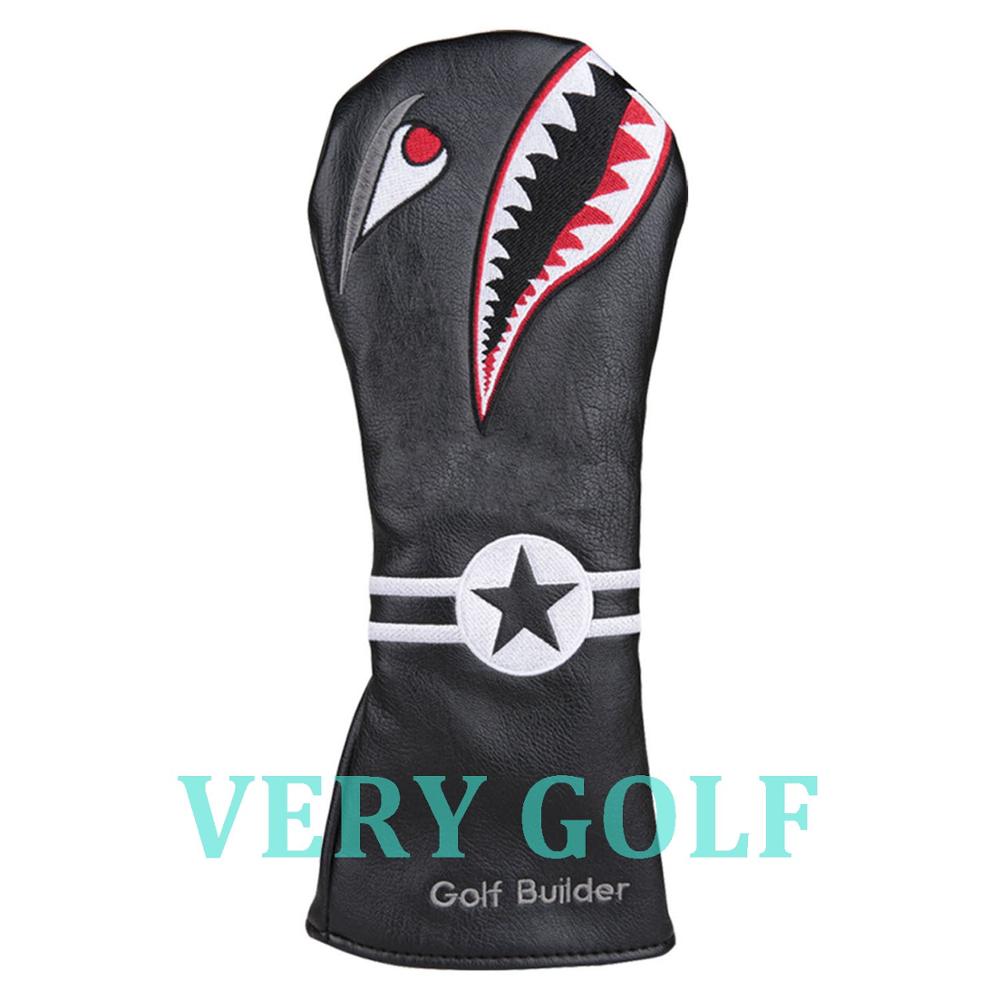 3 stuks zwart pu-leer met haaienborduursel golfclub driver fairway wood fw headcover golf  #1 #3 #5 wood headcover