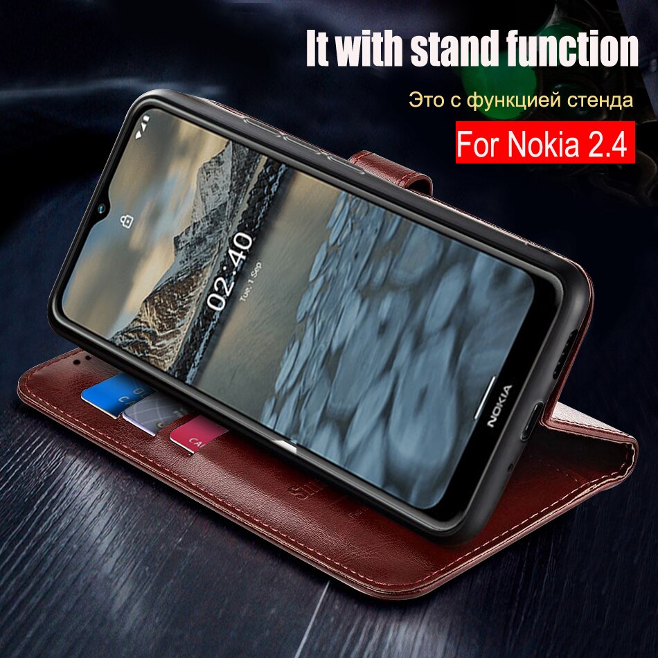 Étui portefeuille à rabat en cuir avec porte-cartes, pour Nokia 2.4, 2.4