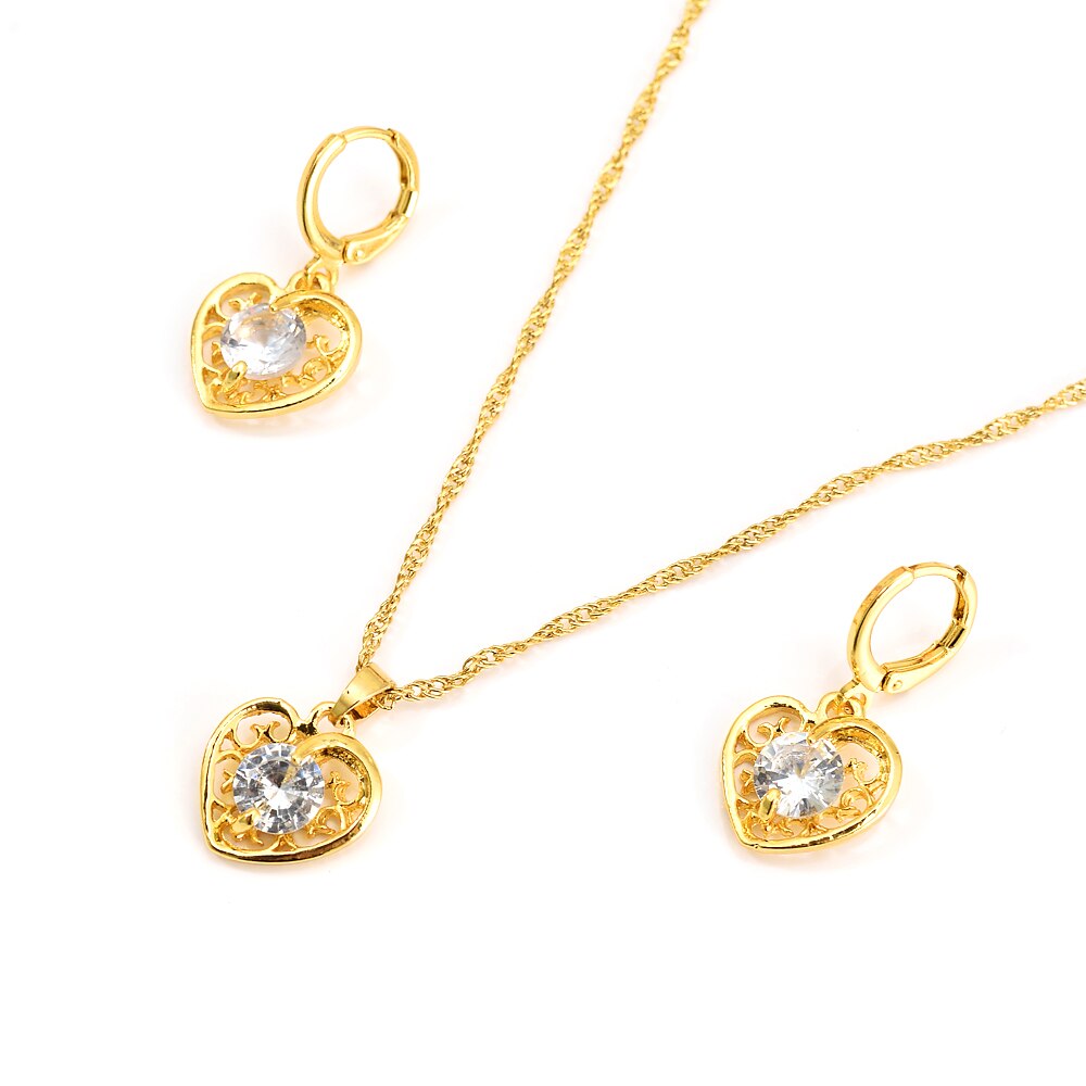 Conjunto de joyería de corazón de cristal de novia de oro blanco azul verde zirconia cúbica pendiente collar cadena juegos de joyas para mujer niñas: J