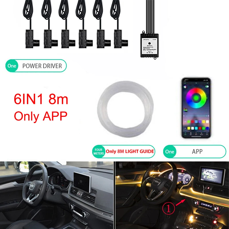 Iluminación LED ambiental de neón para coche, 6 en 1, 8m, RGB, tira de luz Interior de ambiente, Control por aplicación de fibra óptica, Lámpara decorativa LED automática: Marfíl / Cristal azul