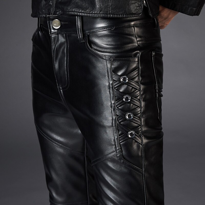 Pantalones de cuero Punk Rock para hombre, pantalones informales ajustados de cuero PU para motocicleta, ropa de calle, hip hop