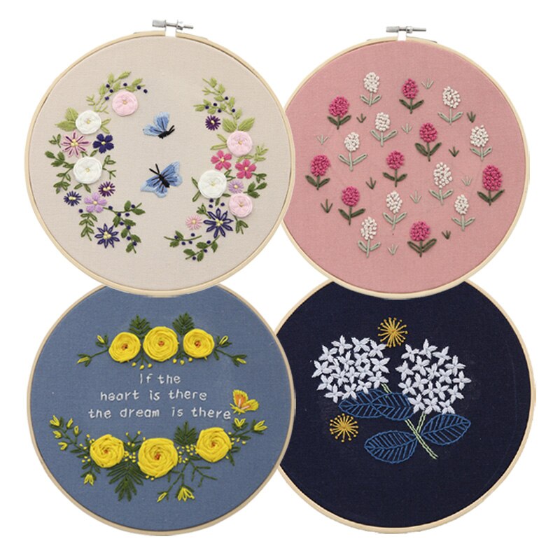 French Embroidery diy Kit with Bamboo Hoop Needlework Pattern Printed Starter Kit for Beginners Sewing Art Craft Painting