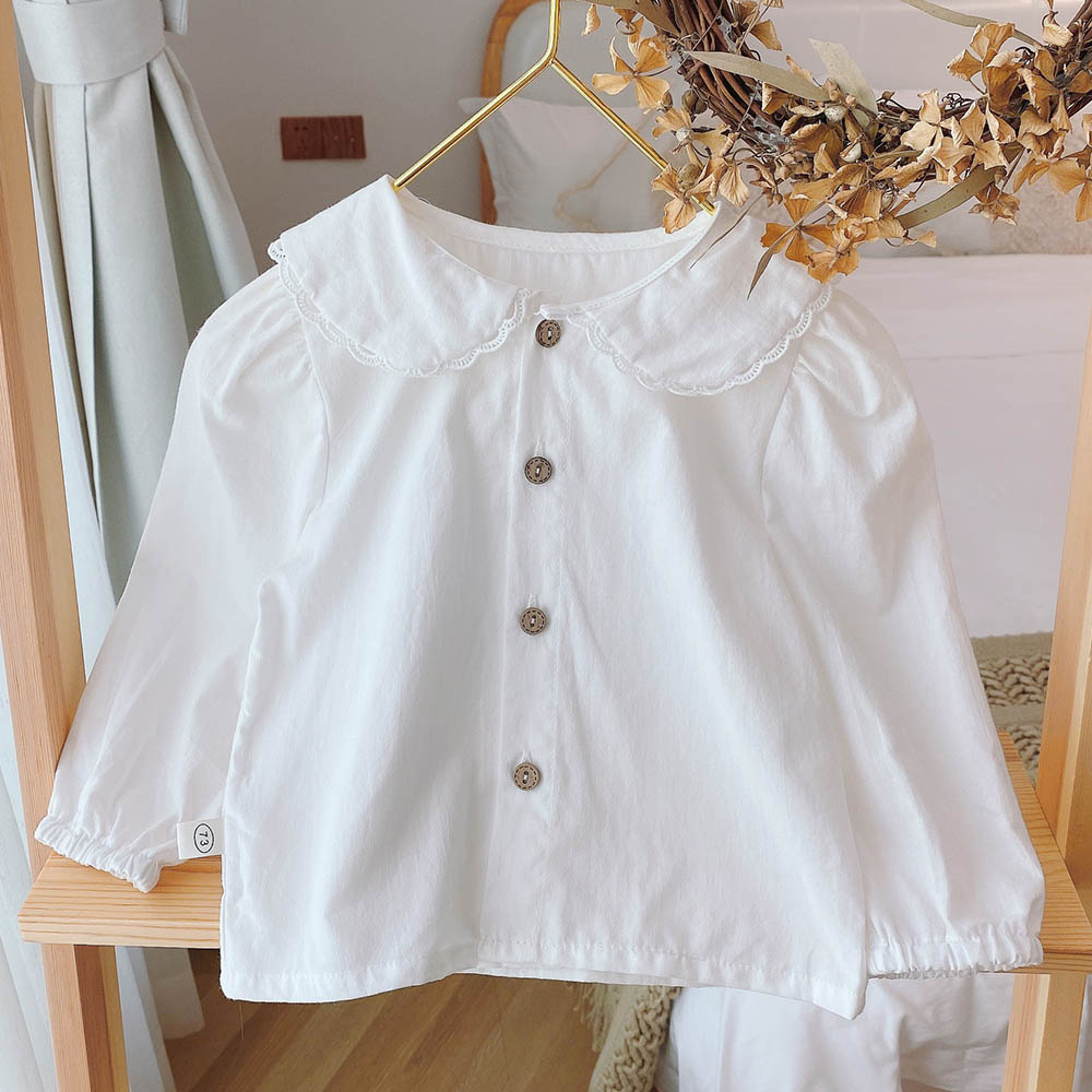 Cotton Baby Girls Tops And Blouses Solid Color Peter Pan Collar Baby Girl Fall Clothes Kids Long Sleeve Tops Tees Shirts