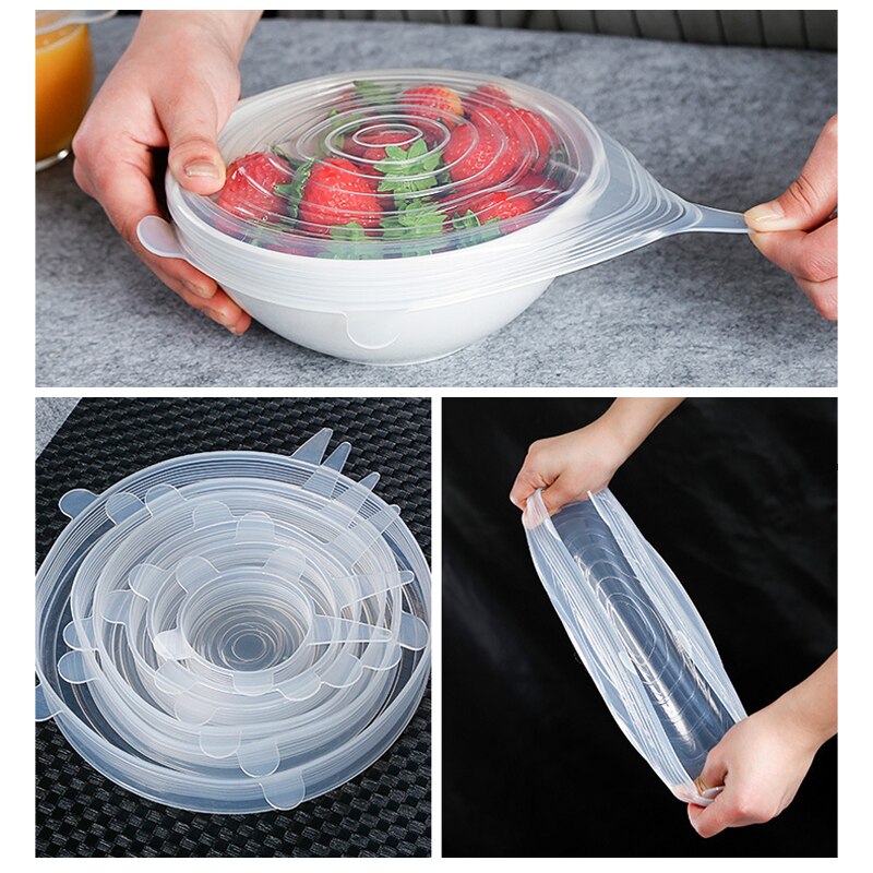 6PCS Silicone Cover Reusable Silicone Stretch Lids Adaptable Food Cap Universal Dish Airtight Lid Wrap Cover Kitchen Accessories