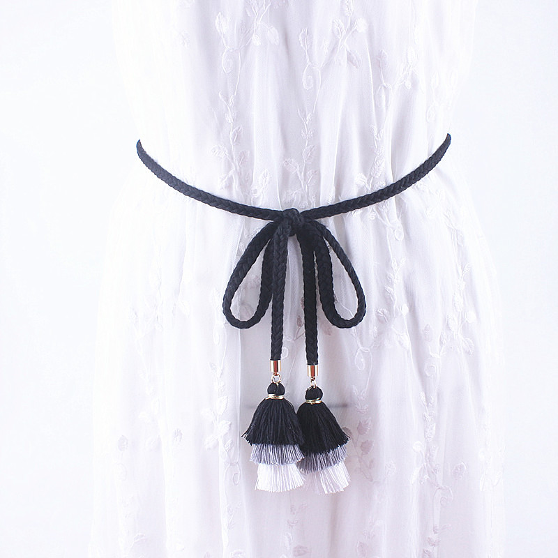 Cinturones de para mujer, cuerda para vestidos, cinturón de cintura trenzada con borlas, nudo tejido, cinturón decorado de algodón marrón y negro: Black