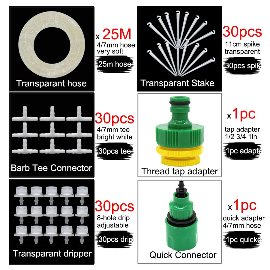 MUCIAKIE 50M 30M 25M White Transparent Micro Drip System Garden Watering Kits w/ Adjustable Drippers w/ Spike Tee Tap Connecters