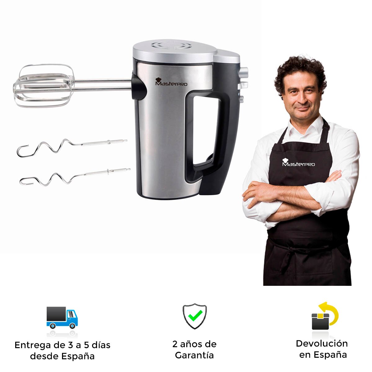 Batidora de mano Masterpro, acero inoxidable, potente, rapida, silenciosa, portatil, , moderna, , fácil uso y limpieza, 6 velocidades, batidora de mano electrica, batidora