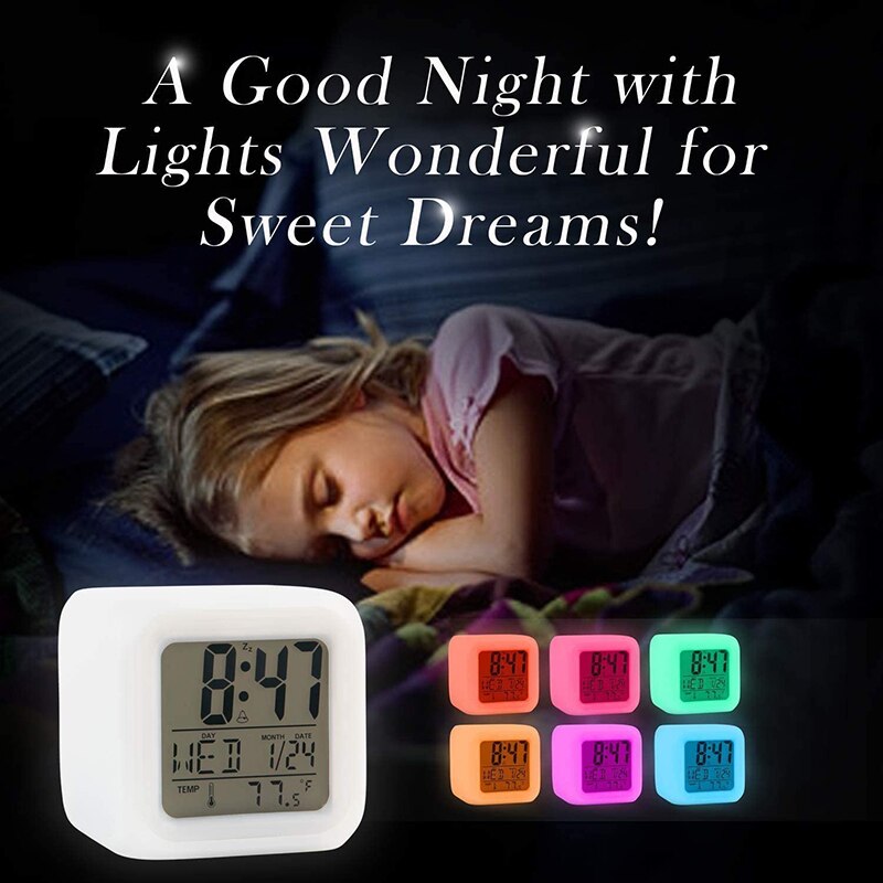 Colorful Alarm Clock Kids Children Wake Up Digital LED Night Light Clock Travel Large Display Time/Date/Alarm with Snooze