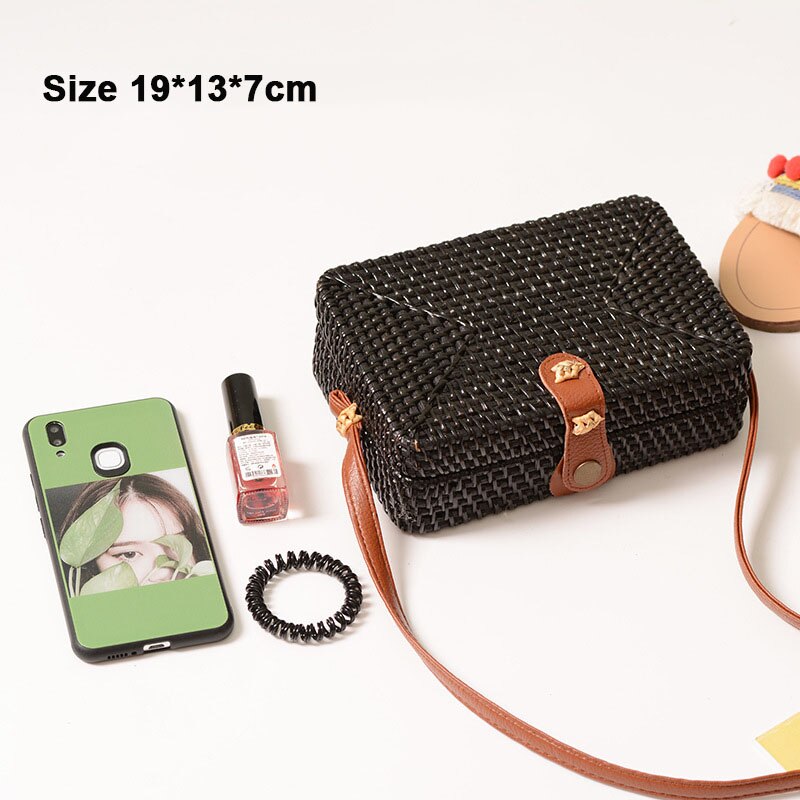 Zwart Wit Ronde Stro Tassen Vrouwen Zomer Rotan Tas Handgemaakte Geweven Strand Cross Body Bag Cirkel Bohemen Handtas Bali doos: B-Black