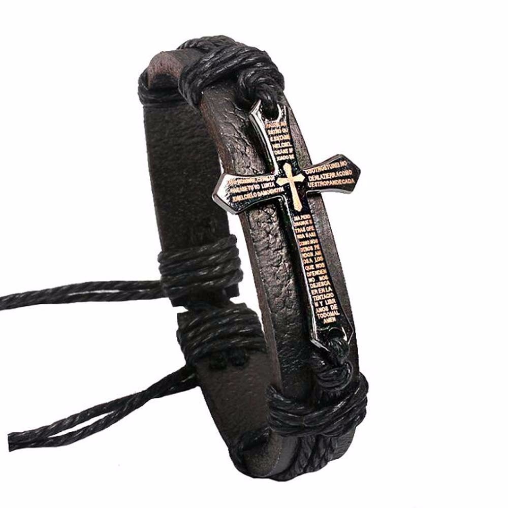 Neue Männer Frauen Schmuck Jahrgang Leder Armbänder &Ampere; Armreifen Metall Kreuz Jesus Charme Armbinde Einstellbar Wachs Schnur Armbinde