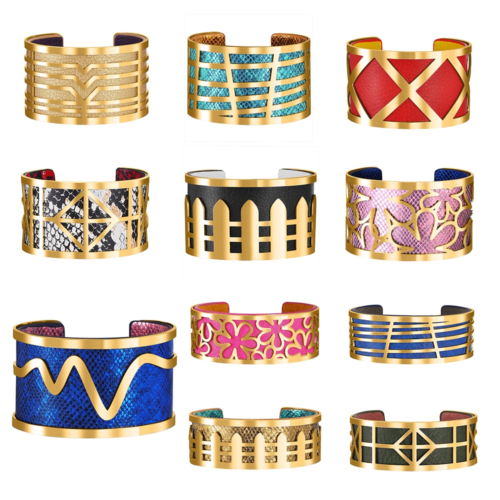 Hollow Out Magnet Button Golden Cuff Bangle PU Leather Bracelet Georgettes Indian Jewelry Pulseiras Love Bangles Pulseiras Femme