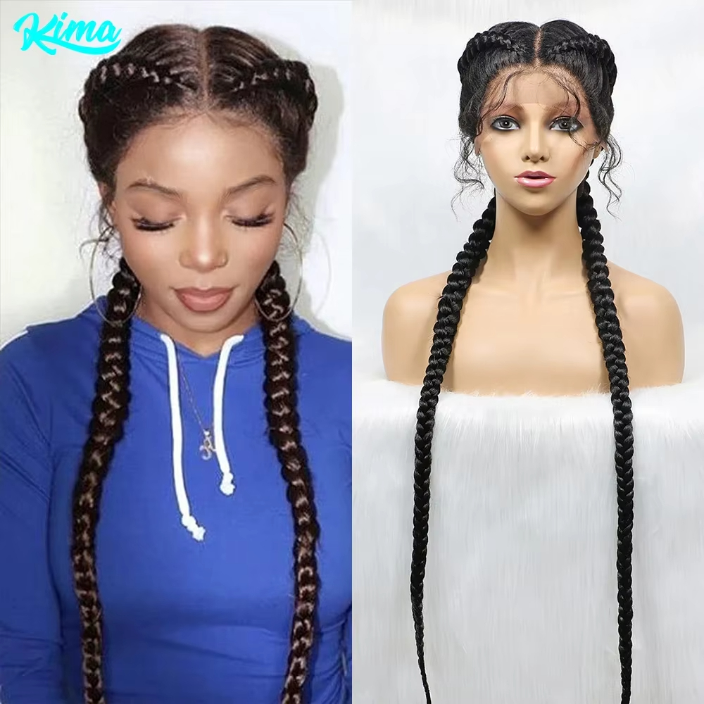 Pelucas trenzadas sintéticas con encaje frontal de 36 pulgadas de largo, peluca con trenzas para gemelos holandeses con pelo de bebé para mujeres negras