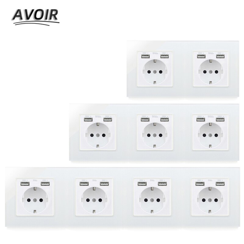 Avoir EU Standard Plug Socket Dual USB Port Wall Power Socket Glass Panel Double Triple Quadruple Socket Electrical Outlet