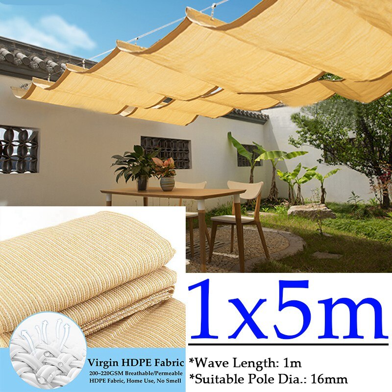 Width 1M HDPE Telescopic Wave Sun Shade Net Balcony Terrace Sun Shelter Garden Pergolas Canopy Outdoor Swimming Pool Awning: Beige 1x5m