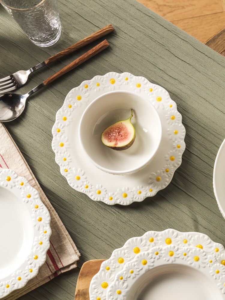 Ceramic Embossed Daisy Dinner Set Plate And Dishes Household Soup Bake Bowl Crockery Tableware