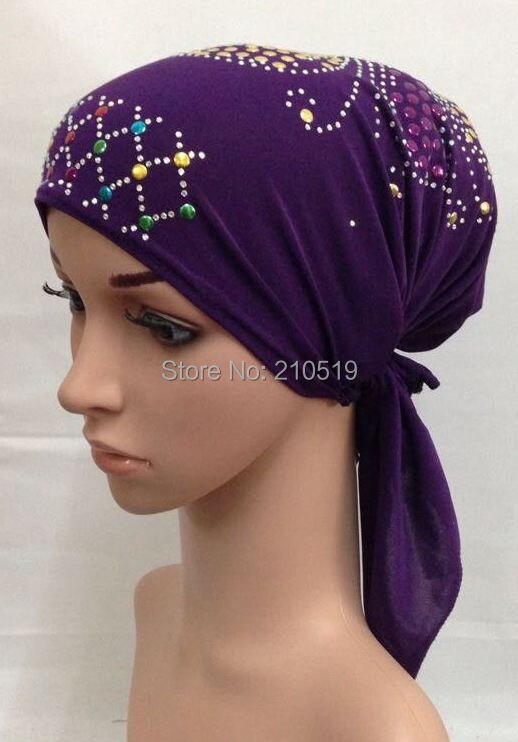(Paillettes motifs envoyer aléatoire) cristal ITY élastique chapeau musulman hijab turban islamique (Plus de couleurs stock maintenant): 1purple
