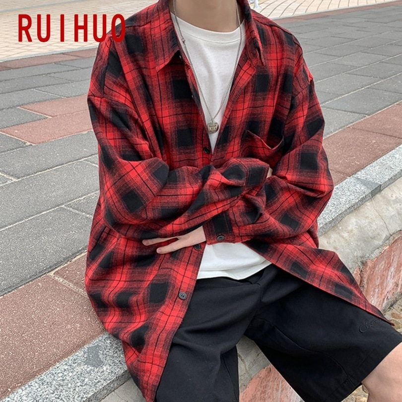 RUIHUO Plaid Men Shirts For Men Clothing Korean Style Men Shirt Long Sleeve Harajuku Plaid Shirt Korean Clothes 2XL Spring: Red / Asian size XL