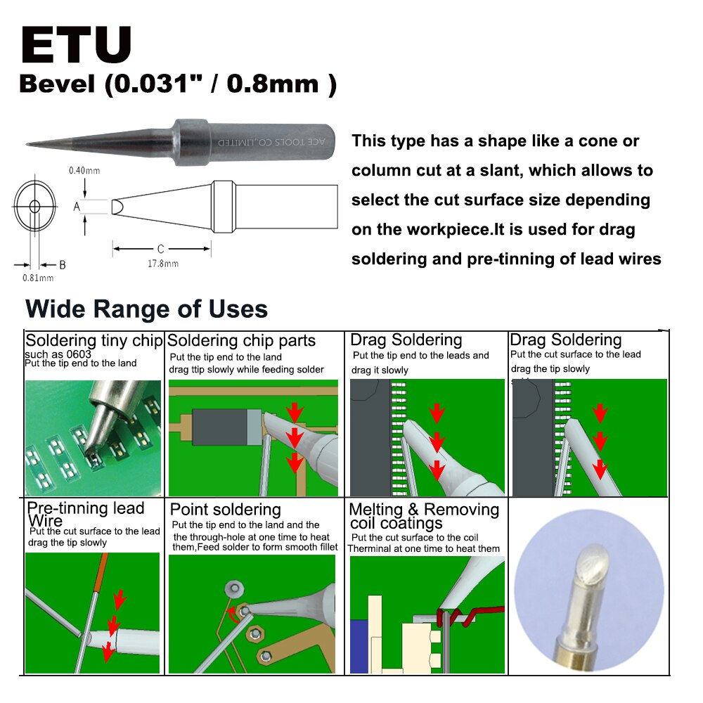 Punta de soldadura ETU biselada, 0,4mm, compatible con WELLER WES51 WES50 WESD51 WE1010NA WE1010EU PES51 PES50 LR21 LR20, broca de soldadura de lápiz de hierro