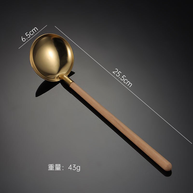 Japanese Wooden Handle Anti Soup Stainless Steel Soup Leakage Ramen Spoon Home Kitchen Gadget: Gold Spoon