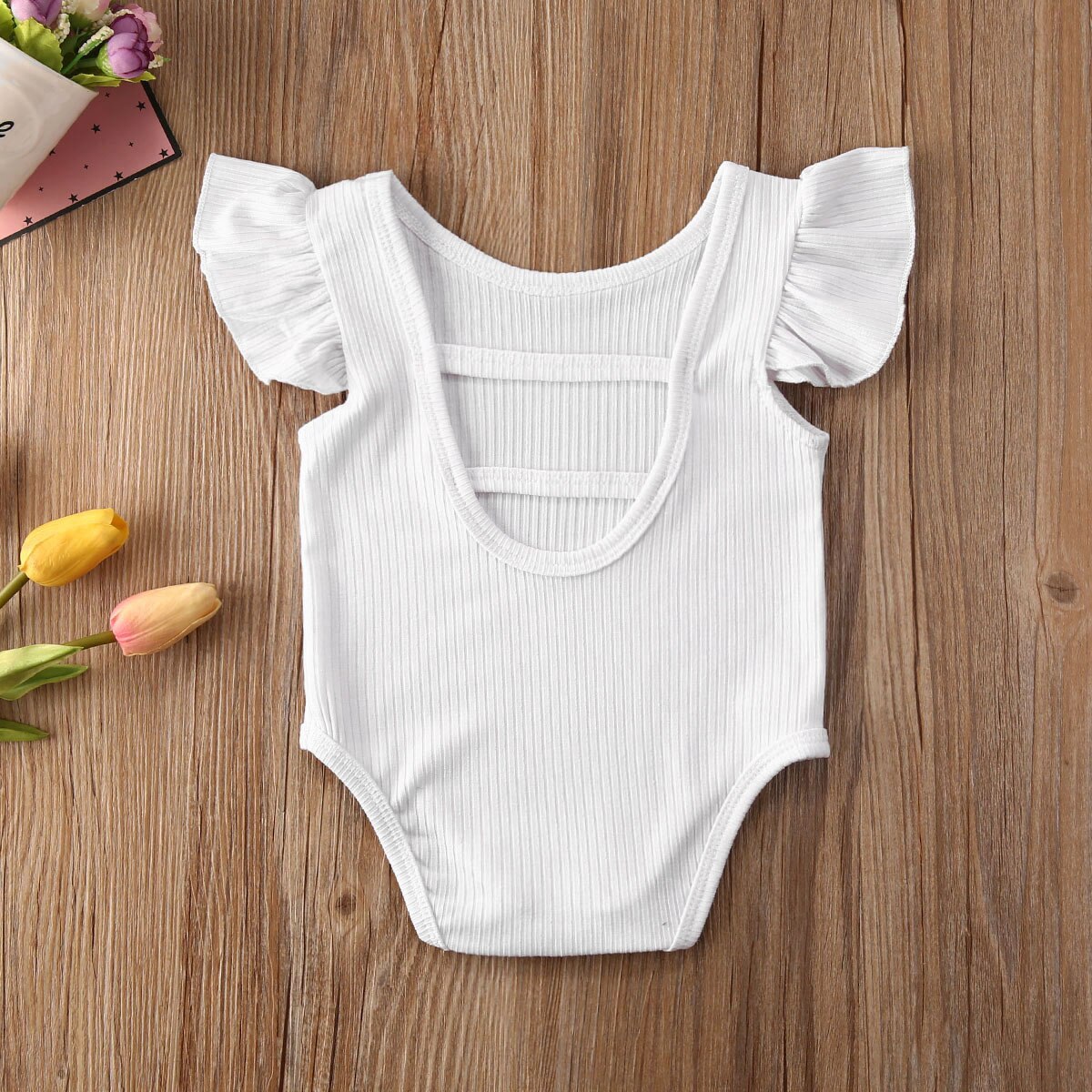 0-24M Newborn Infant Baby Girls Boys Bodysuits Solid Ruffles Short Sleeve Backless Jumpsuits 2 Colors