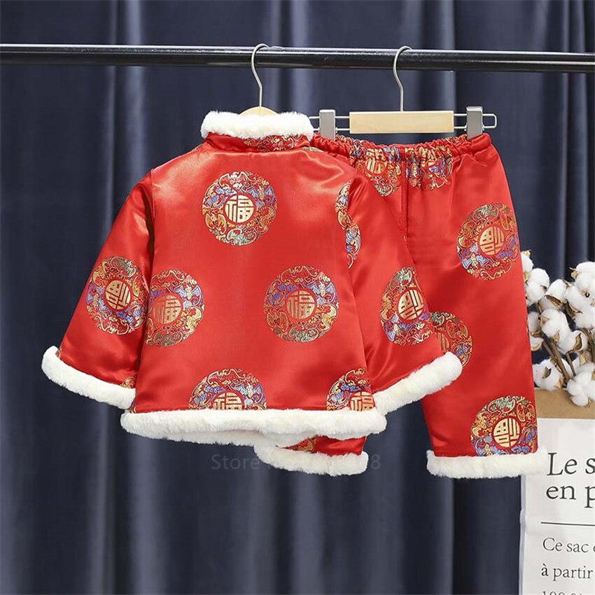 Chinese Jaar Kostuums Voor Kinderen Jongens Meisjes Lente Festival Kleding Winter Baby Sets Jas Broek Traditionele Oude Tang