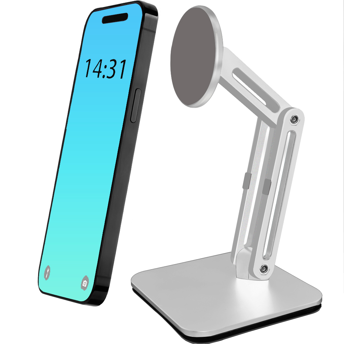 Magnetisk telefonholder til skrivebord, forhøjet & justerbar & foldbar magnetisk telefonholder i metal til skrivebord/kontor/hjem, kompatibel: Sølv