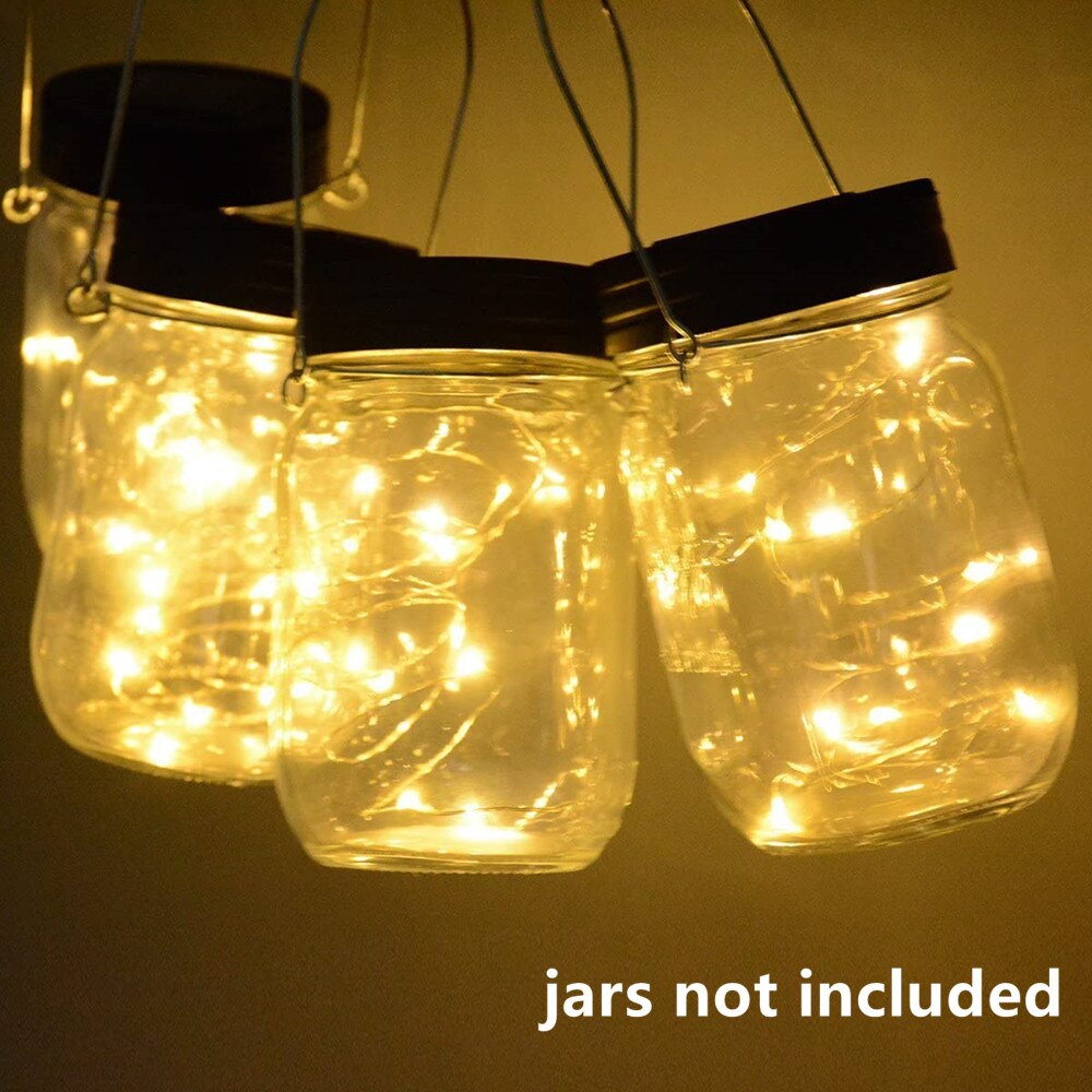 3Pcs Solar Powered Mason Jar Lights 20 Bulbs Warm White Jar Hanging Light Solar Fairy Firefly light Lids Fit for Wide Mouth Jars: Warm white