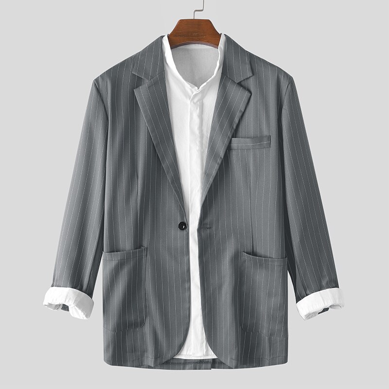 Män kavajer randiga långärmade streetwear kavajer en knapp stilig chic herr casual kostymer incerun 7: Grå / Xl