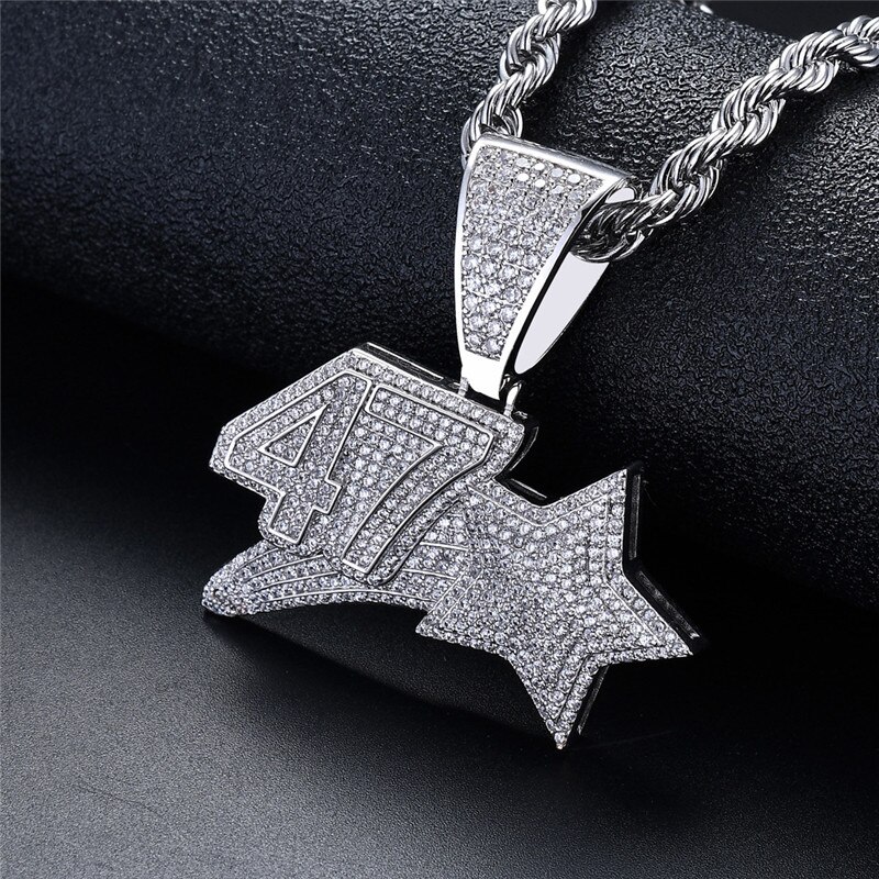 Iced Out Glück Zahlen 47 Stern Anhänger Halskette Mit Kette 2 Farben AAA Zirkon Herren Halskette Hip Hop Schmuck