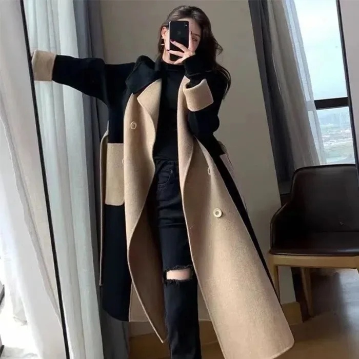 Manteau en laine velours Double face pour femme, Style Long, nouvelle automne hiver, bloc de couleurs, amincissant, Style Hepburn, vêtements d'extérieur élégants: 4XL