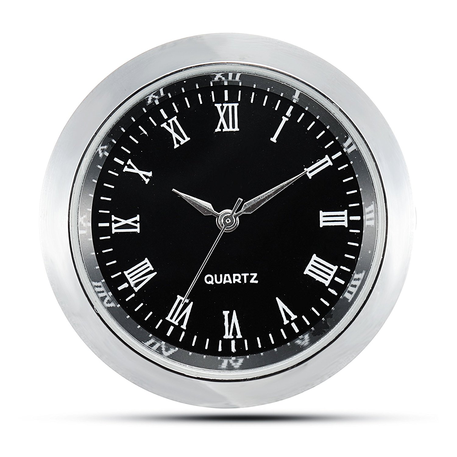 Mini Clock Insert Quartz Movement Round 1 7/16" (35mm) Miniature Clock Fit Up Black Face Silver Tone Bezel Roman Numerals