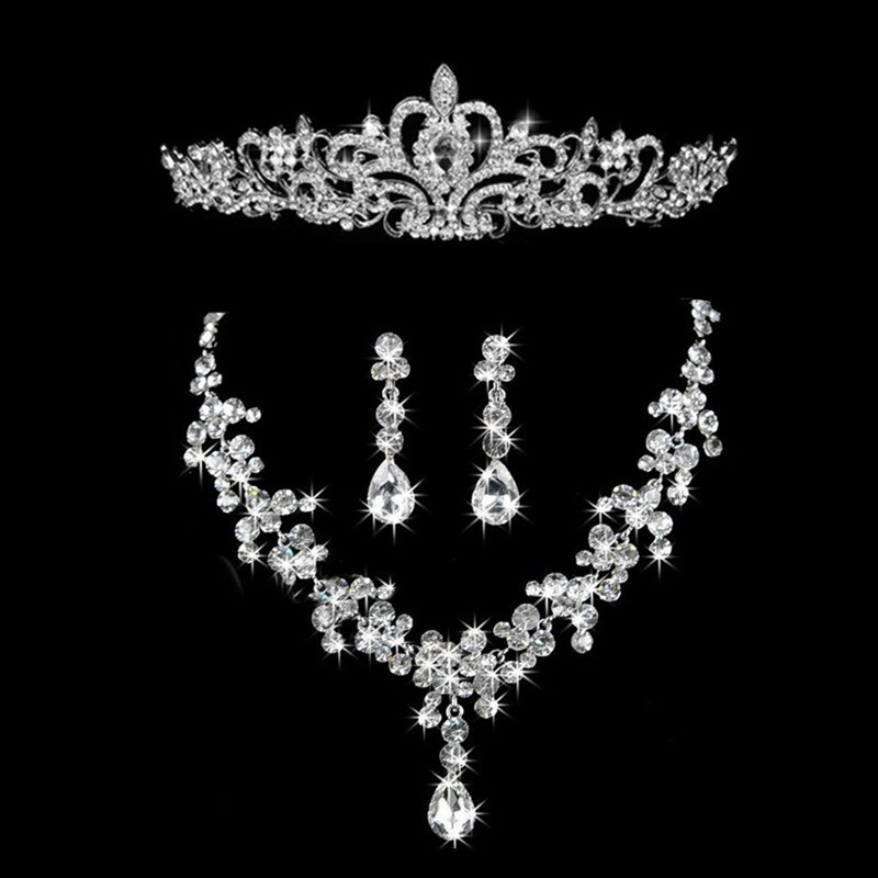 Three-piece Bridal Jewelry Set Crown Necklace Earrings Crystal Wedding Women Tiara Jewelry Accessories