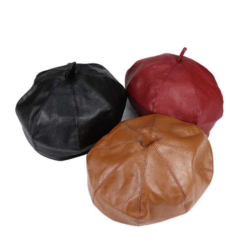Vintage Women Beret Solid Beret Cap Pu Leather Beret French Artist Warm Beanie Pumpkin Hat Female Ladies All-Match Adjustable