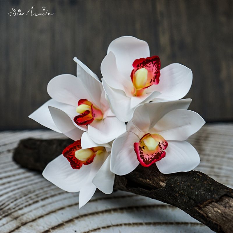 SunMade-ramo de orquídeas blancas de lujo, decoración para el hogar, decoraciones de otoño, Flores Artificiales, bricolaje, 4 Uds./lote