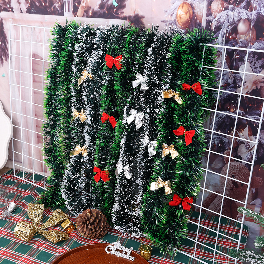 Guirnalda de cinta navideña de 2/10M con lazos, oropel verde, bastón, serpentinas de pino, bricolaje, árbol de Navidad, corona colgante, decoraciones para fiestas