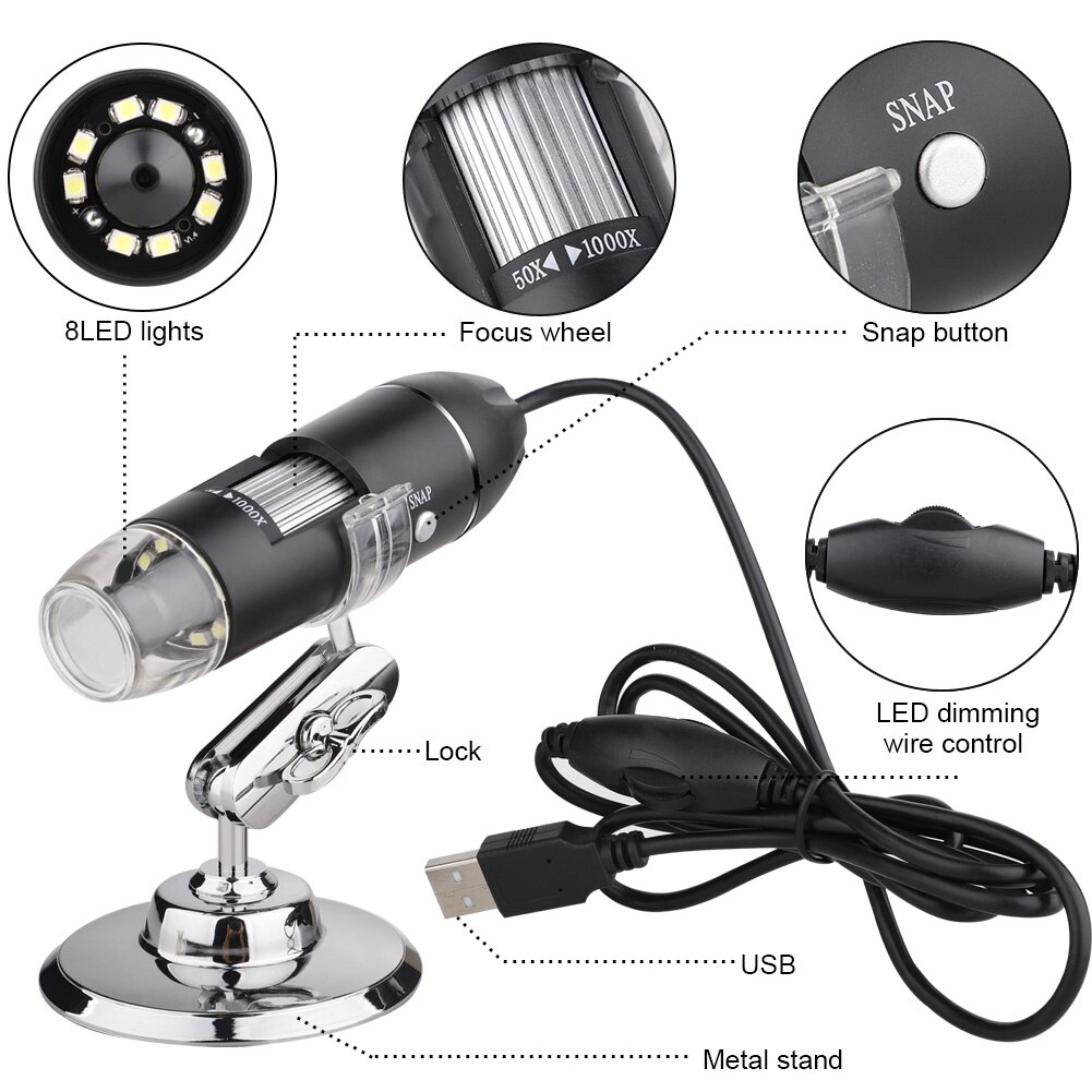 Microscope USB 1000 Fois HD Téléphone Portable Réparation Microscope électronique Numérique Loupe Caméra 8 Led avec Support