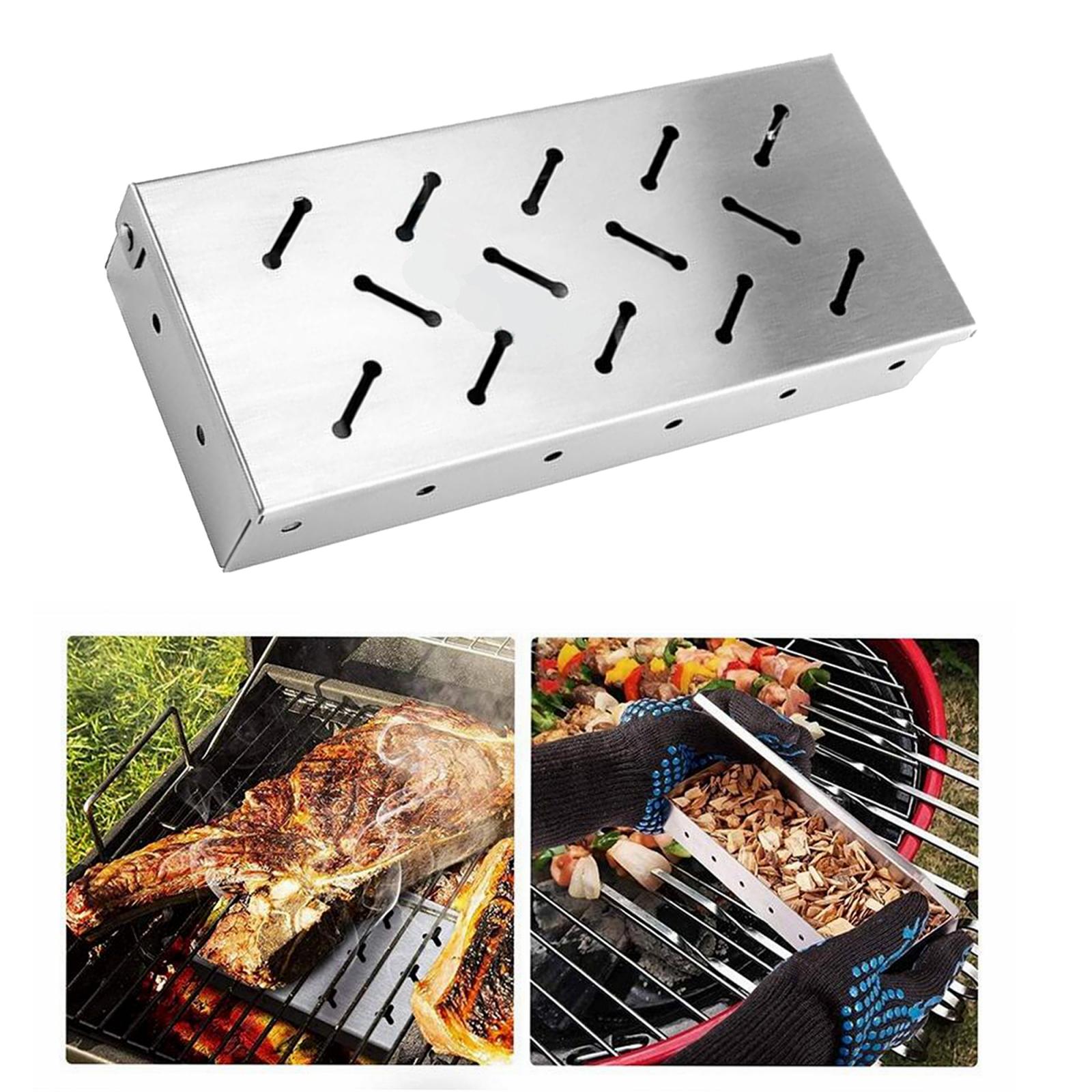 Durable BBQ Stainless Steel Smoker Box Charcoal Gas Grill Hinged Lid for Meat Smoking Accessories