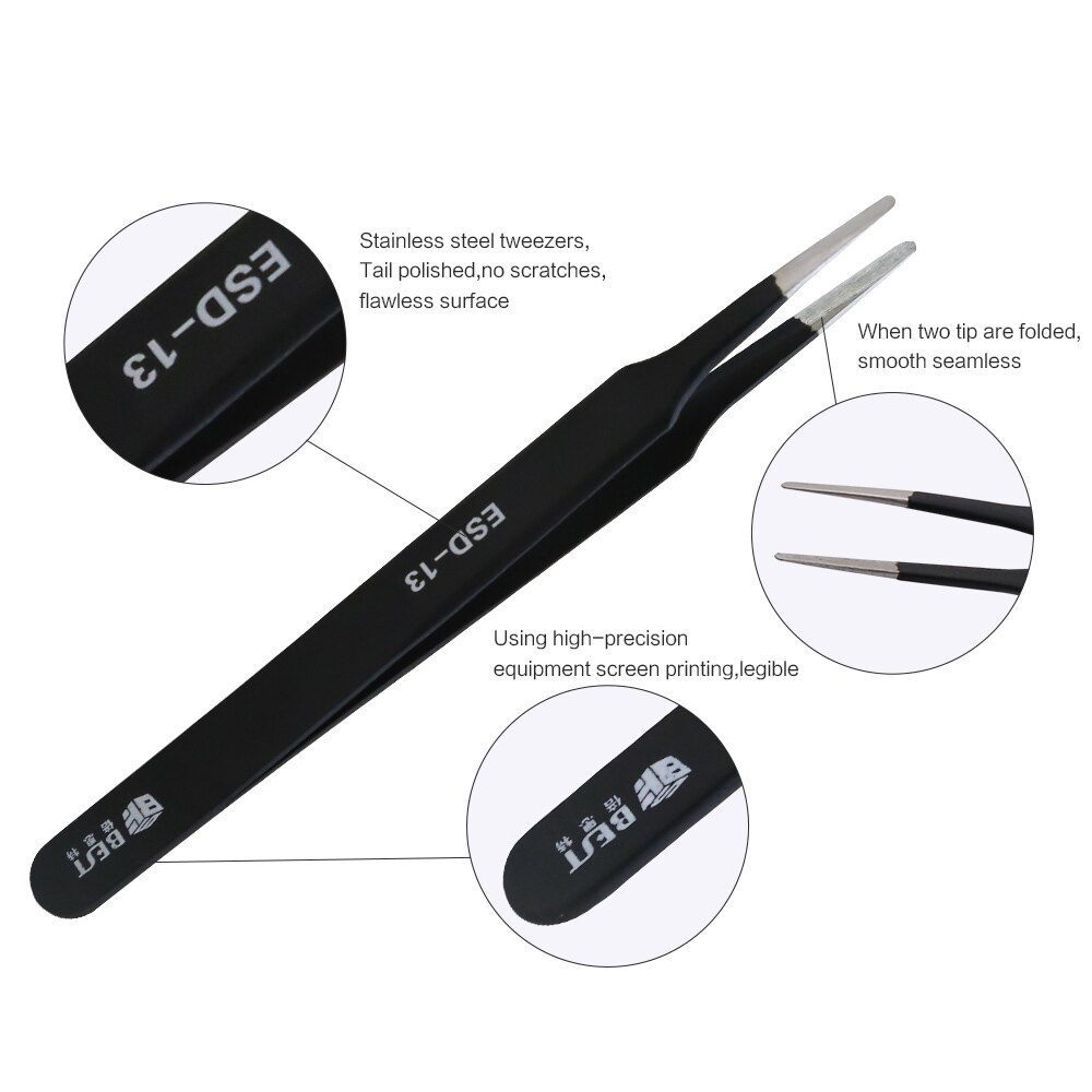 Stainless steel anti-static Black Metal Hand Tool Pincers Straight ESD Tweezers for phone repair