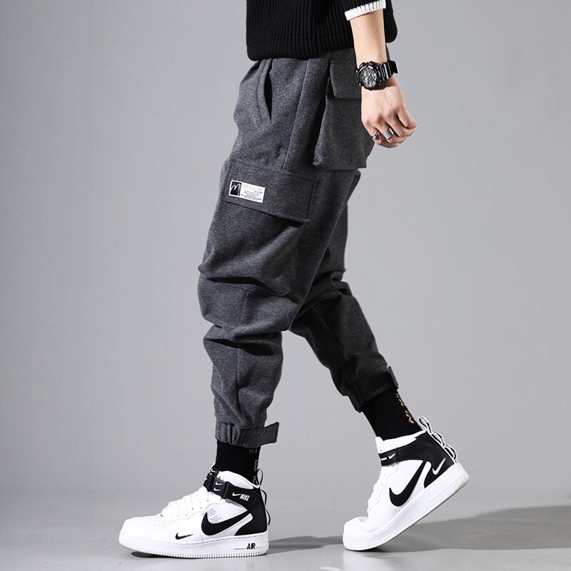 Japansk vintage casual män byxor lös stor ficka cargo byxor ylle tjocka byxor streetwear hip hop joggingbyxor män: Xl / Mörkgrå